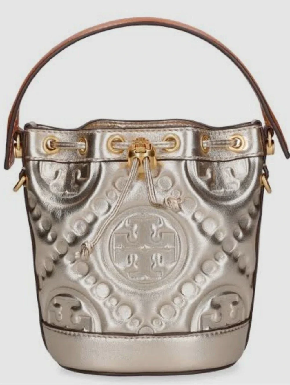 Tory Burch Mini T Monogram Metallic Bucket Bag